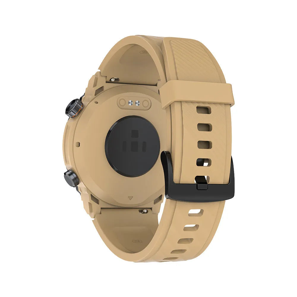 MG02 smart watch in black, khaki, or silver orange colours showing its display and strap.