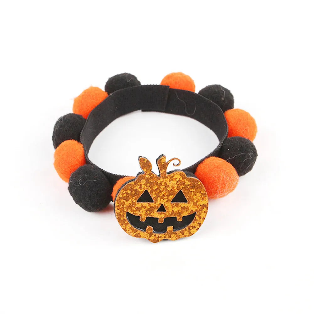 Halloween pet fur ball collar with pumpkin design in adjustable sizes for dogs and cats