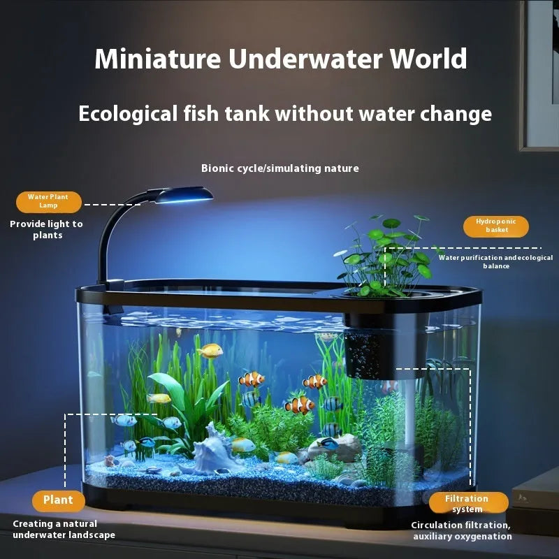Desktop ecological fish tank in luxury black with integrated landscape filter and oxygenator.