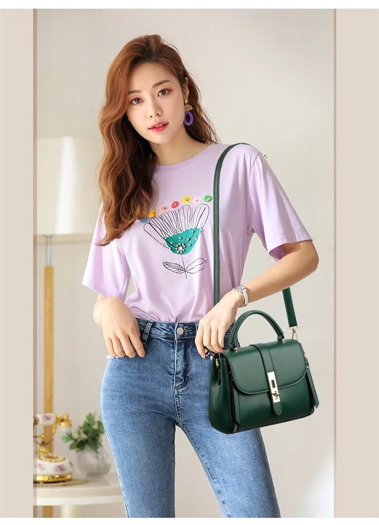Women's soft leather messenger bag in square vertical design with adjustable shoulder strap