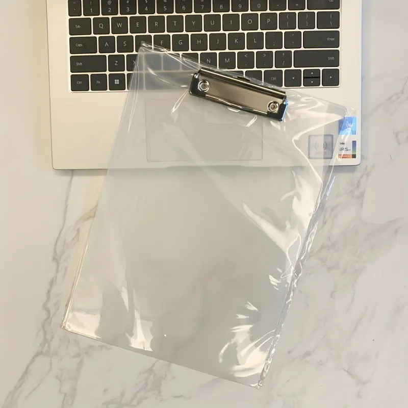 Transparent A4 clipboard with metal flat clip holding paper, shown in blue colour option.