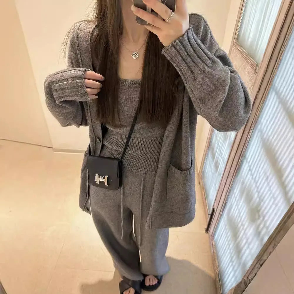 Women's wool blend knit cardigan three-piece set with suspender casual pants in loose fit Japanese Korean style
