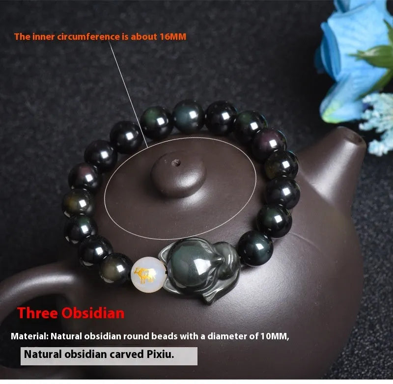 Natural obsidian bracelet with zodiac guardian design and 10mm stone beads