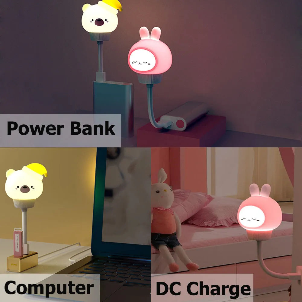 Cartoon bear-shaped USB night light with remote control on bedside table