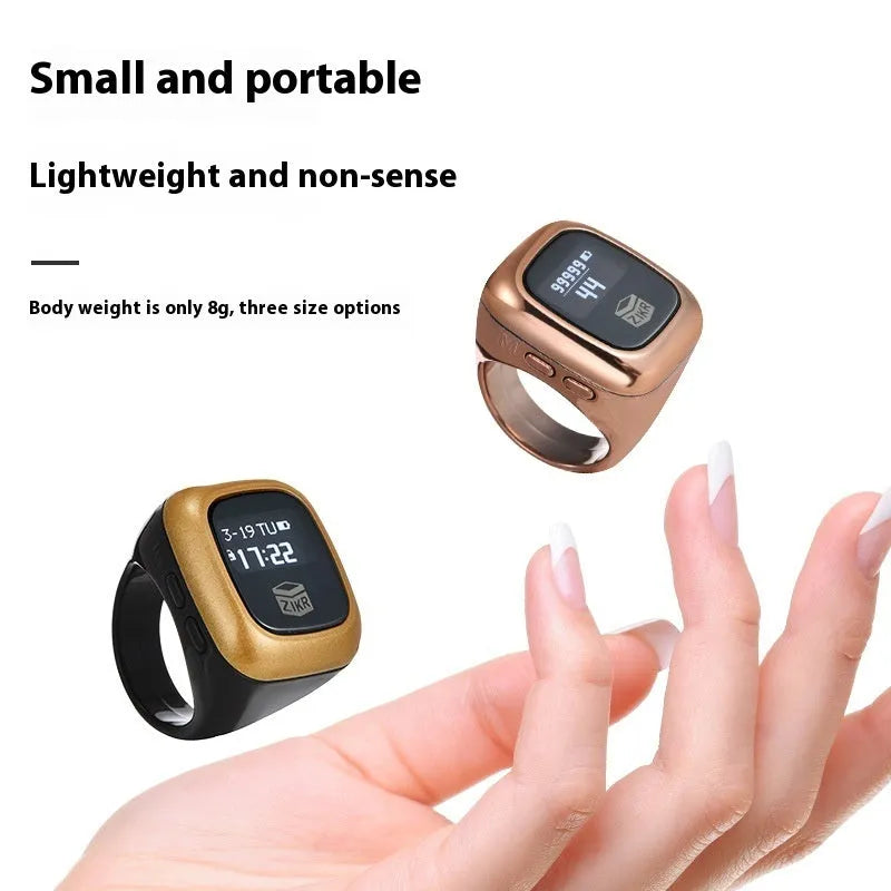 Al-Fatiha electronic Zikr counter on wrist in rose gold colour with digital display showing a count.