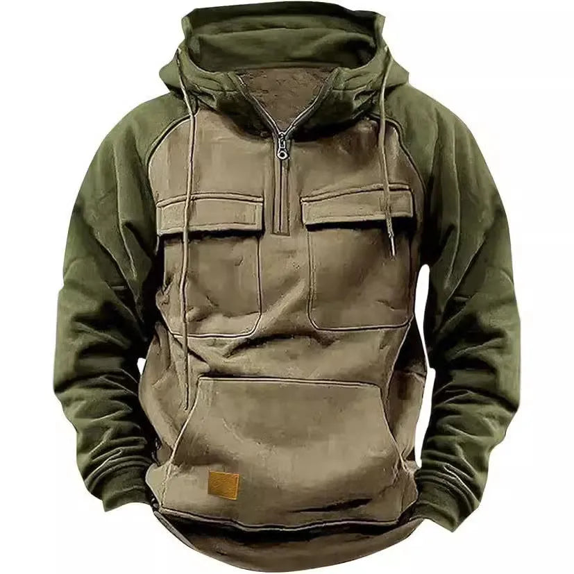 Men's retro cargo hoodie half zip fleece sweatshirt with multi pockets in solid colour