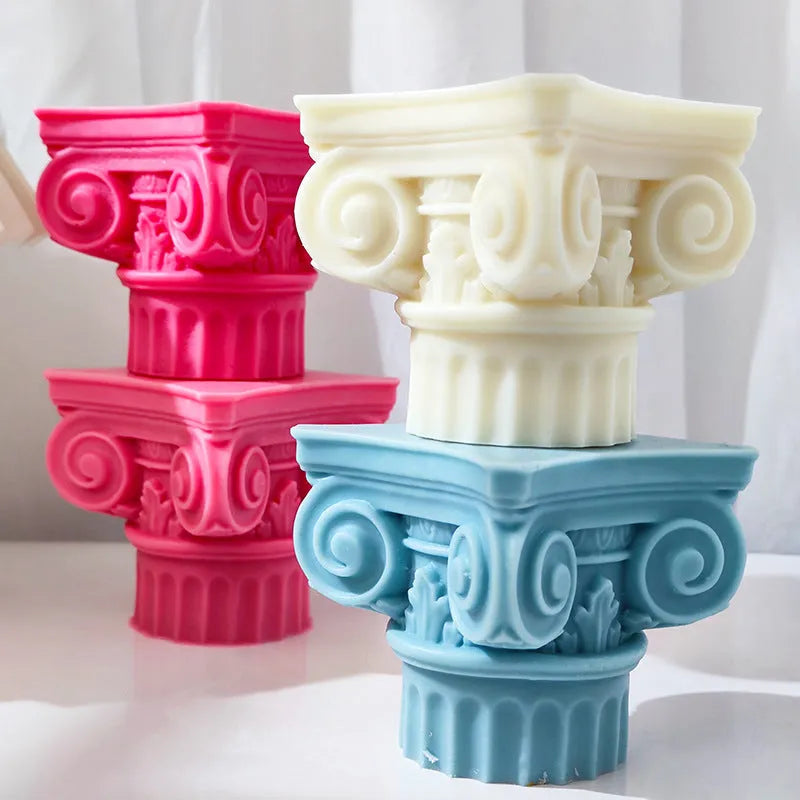 Flexible silicone Roman pillar candle and crafting mould with irregular column shape.