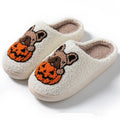 Halloween pumpkin pattern plush slippers with TPR rubber soles in black and white colour options
