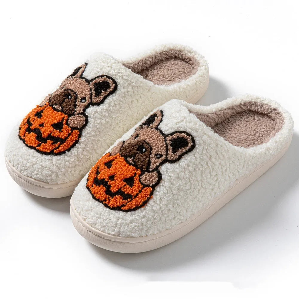 Halloween pumpkin pattern plush slippers with TPR rubber soles in black and white colour options