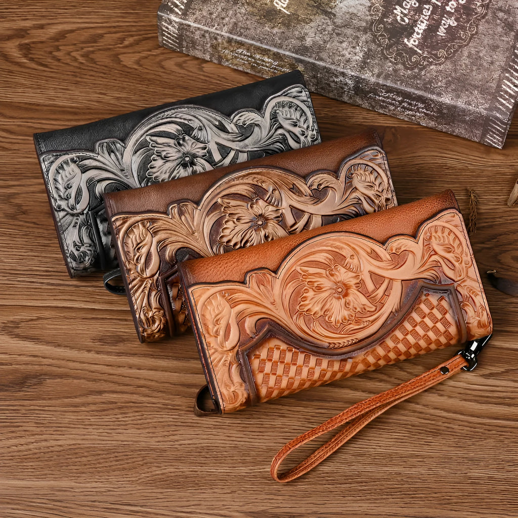 Chinese style embossed tri-fold wallet in first layer cowhide genuine leather with floral pattern