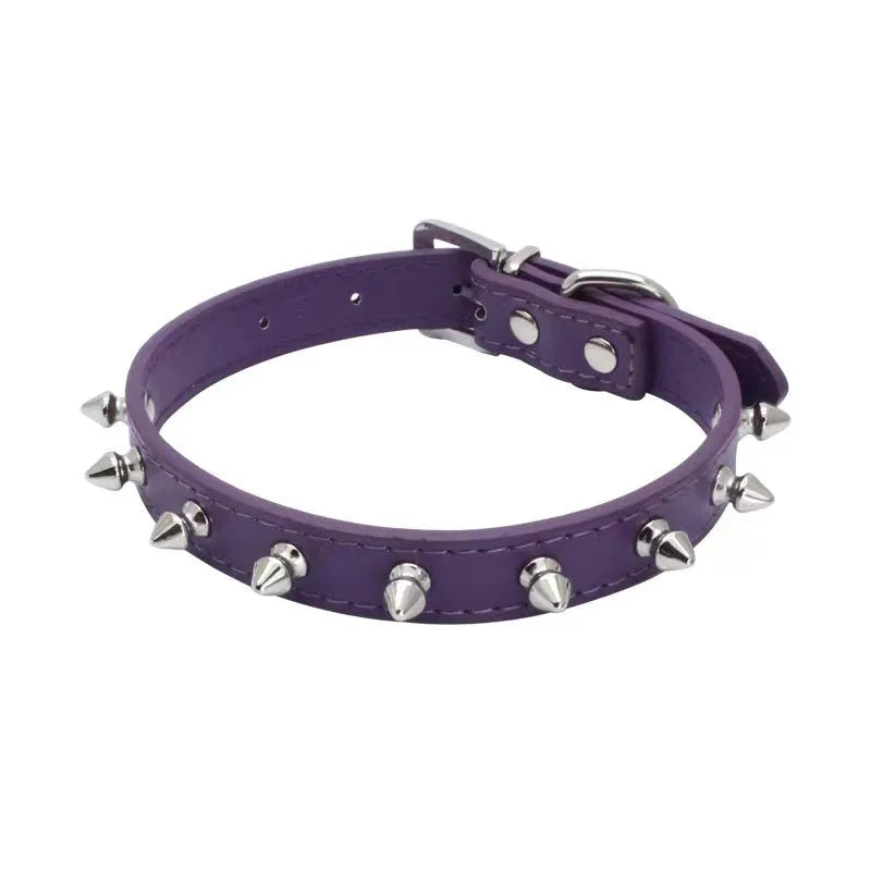 Studded dog collar with metal spikes on thickened PU leather strap in multiple colour options.