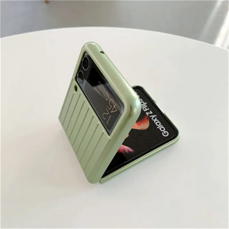 Samsung Z Flip3 ultra-thin flip phone case in seven colour options showing front and back views