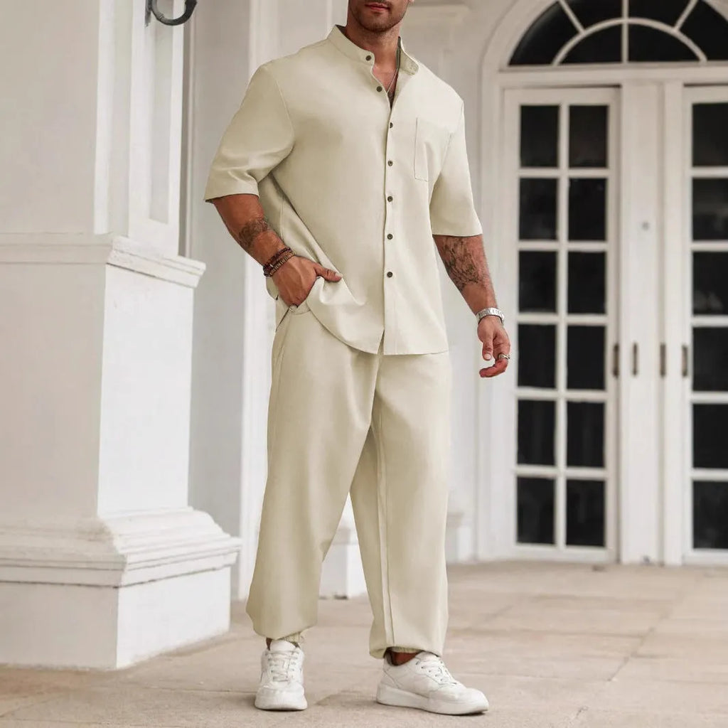 Men's casual cotton linen short-sleeved shirt and trousers set in apricot colour