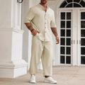 Men's casual cotton linen short-sleeved shirt and trousers set in apricot colour