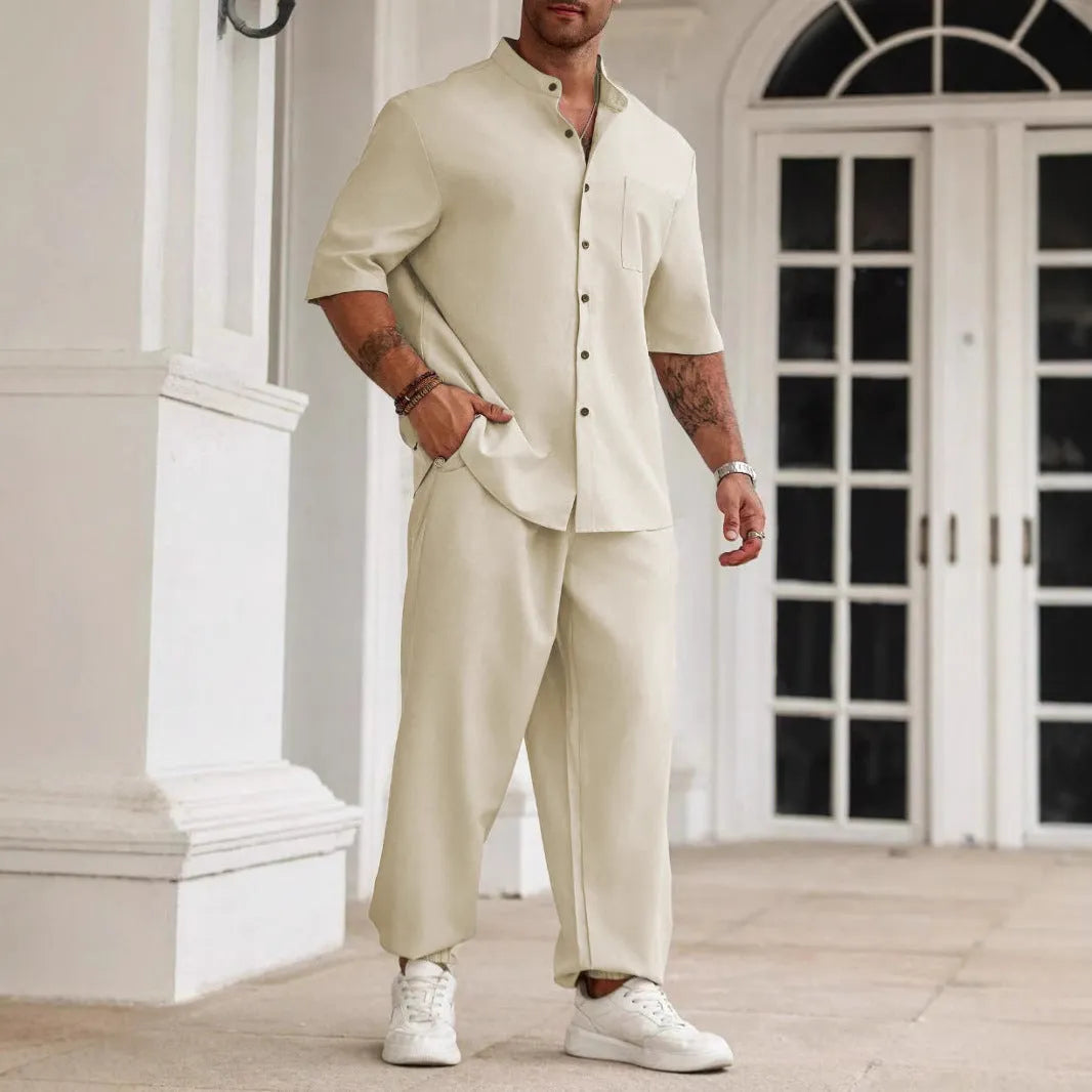 Men's casual cotton linen short-sleeved shirt and trousers set in apricot colour