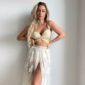 Women's three-piece bikini set with backless push-up top and skirt in solid colour