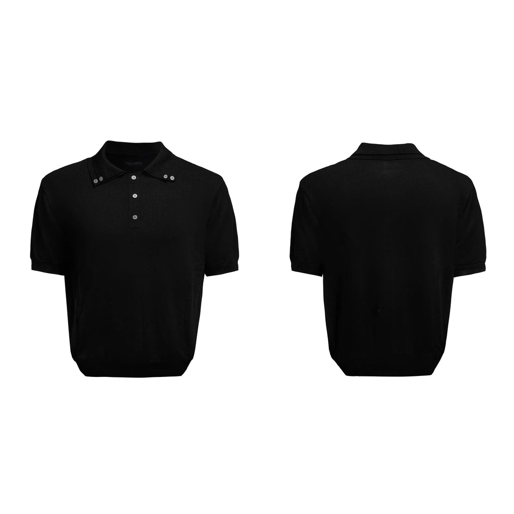 Men's black slim knit short sleeve T-shirt showing double collar design and loose fit