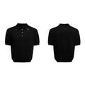 Men's black slim knit short sleeve T-shirt showing double collar design and loose fit