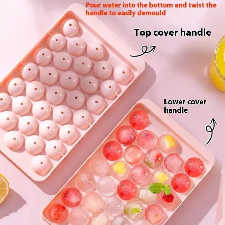 Blue PE ice cube tray with lid showing 33 round moulds.