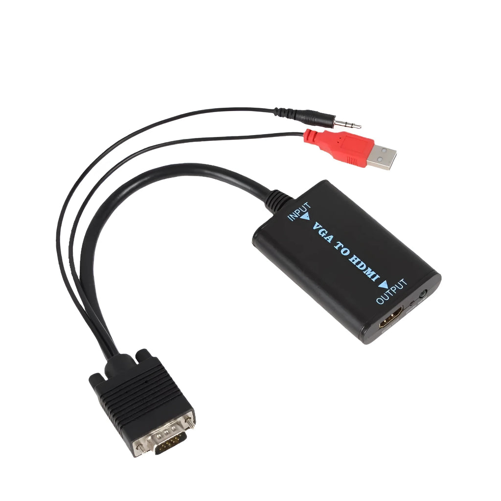 Black VGA to HDMI female converter with USB power cable and 3.5mm audio jack