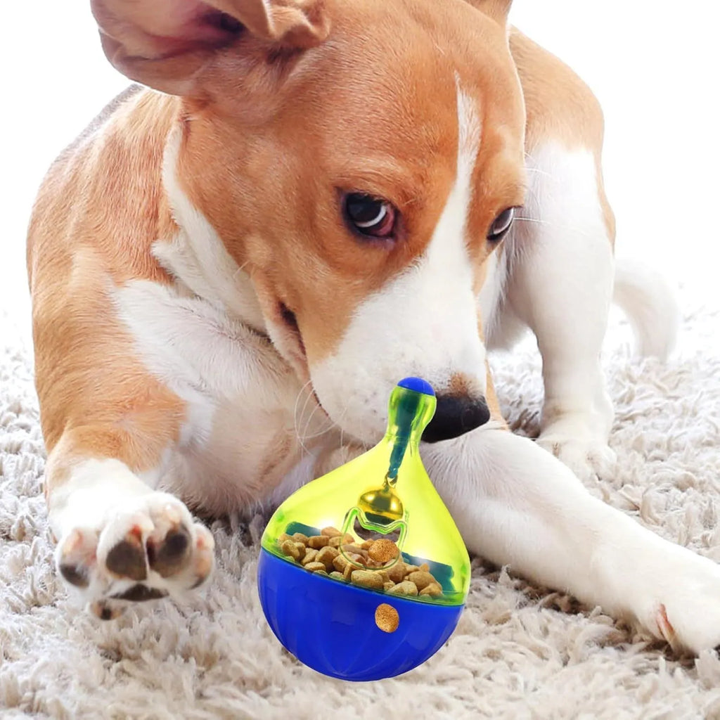 Interactive pet treat tumbler dispenser toy for dogs and cats measuring 14x10x10cm