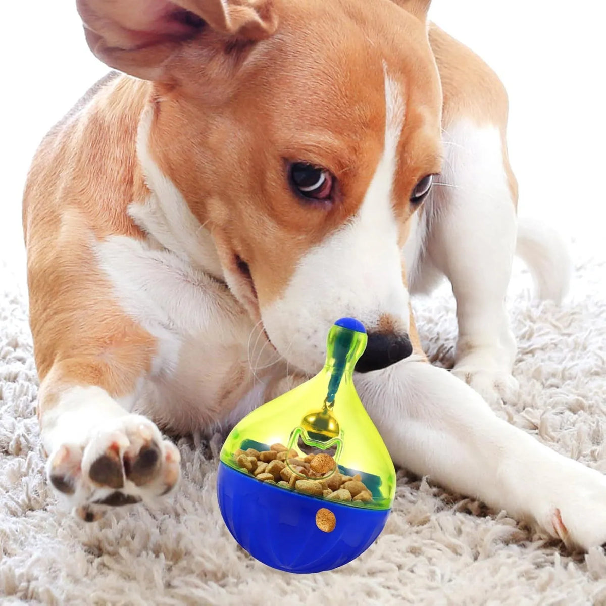 Interactive pet treat tumbler dispenser toy for dogs and cats measuring 14x10x10cm