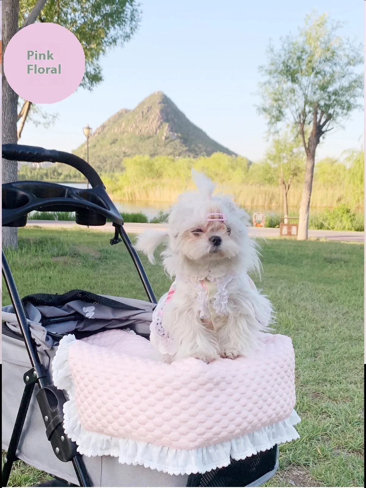 Pure cotton pet stroller accessory set showing removable towel, cushion and pillow in striped pattern