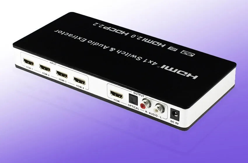 Black HDMI switch unit with four input ports, one output port, remote control, and power adapter.