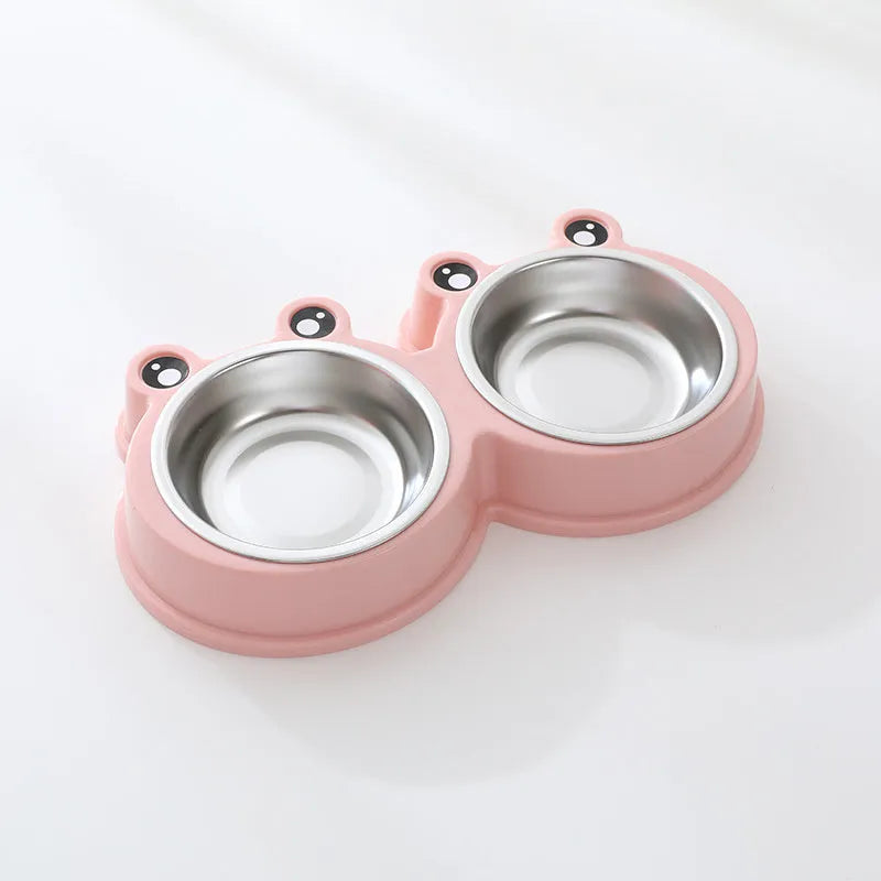 Blue frog-shaped pet double bowl with two stainless steel compartments for food and water