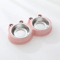 Blue frog-shaped pet double bowl with two stainless steel compartments for food and water