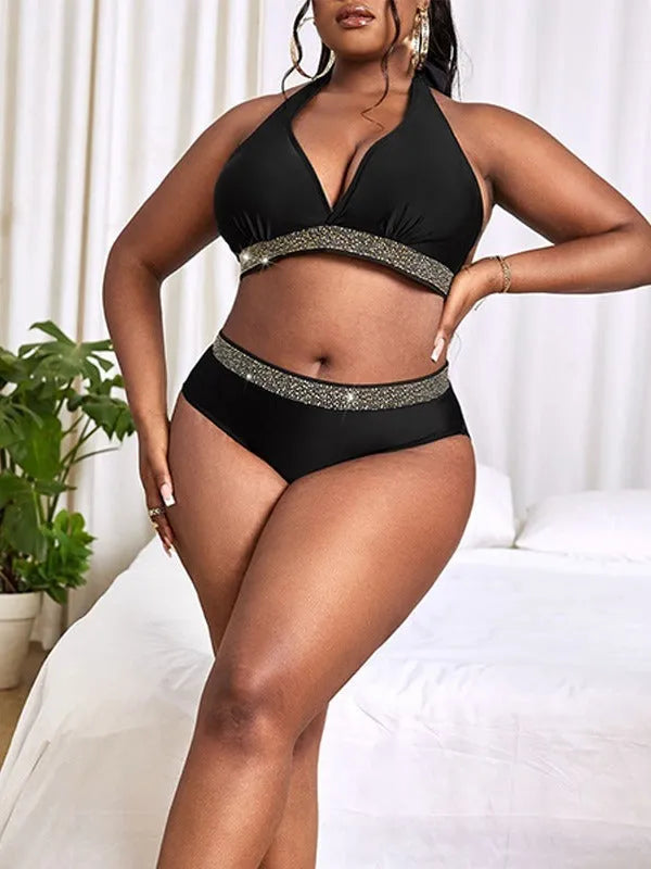 Black women's plus size bikini set with bra and shorts for swimming