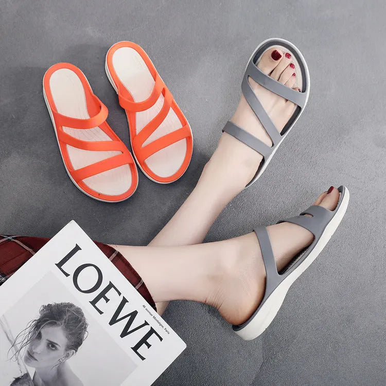 Women's solid colour summer sandals in red, purple, blue, black, grey or pink with breathable PP upper