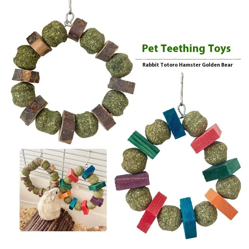 Decorative straw ball ring chew toy for small pets like hamsters, shown in sequin and applewood designs.