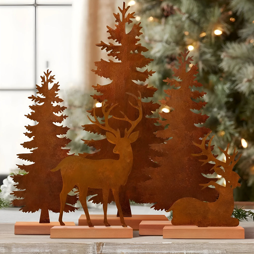 Three metal rusty Christmas tree elk ornaments with American style decorative design