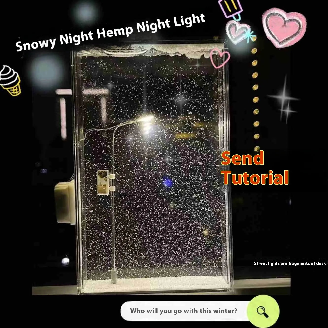 DIY snowy night light kit showing miniature street light and landscape with warm LED glow