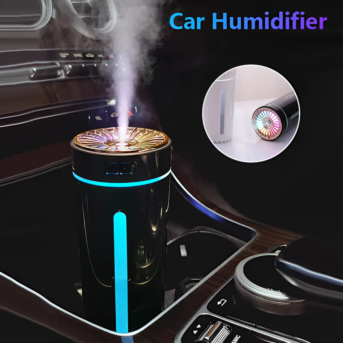 Black portable USB humidifier with colourful LED lights, shown next to a USB cable, suitable for car cup holders.