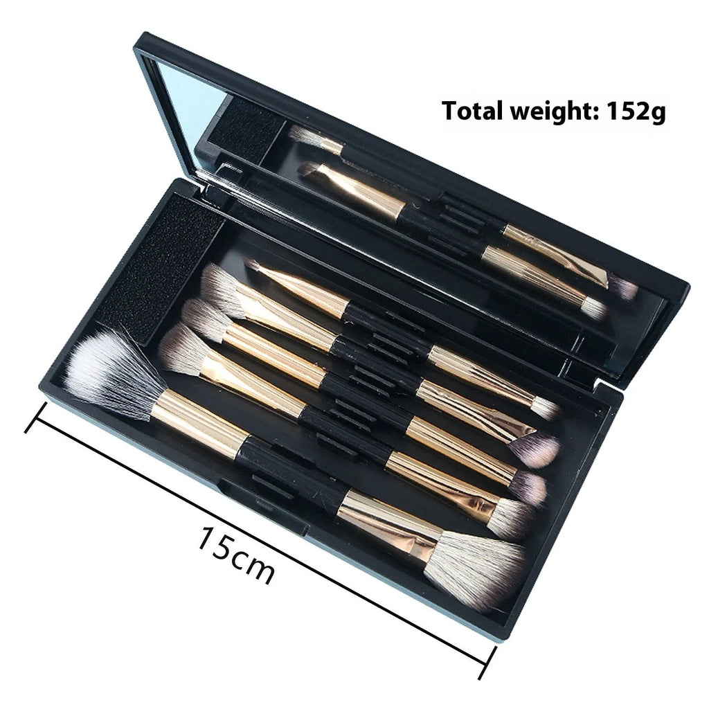 Portable makeup brush set with mirror showing 4 or 5 eyeshadow brushes with artificial fibre bristles