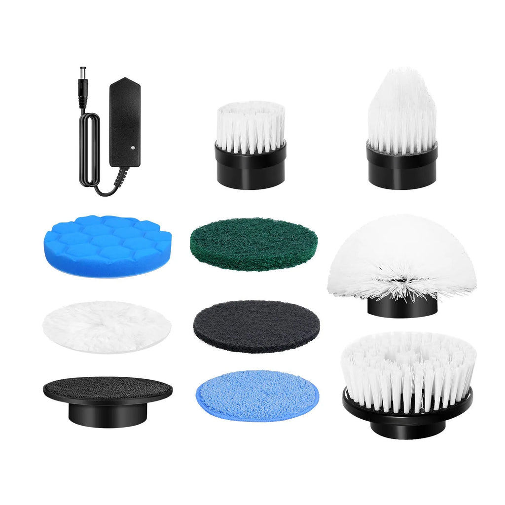 White rechargeable handheld cleaning brush with detachable head on white background