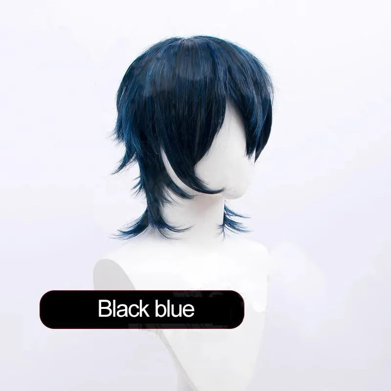 Short black and blue anime cosplay wig for men on a stand