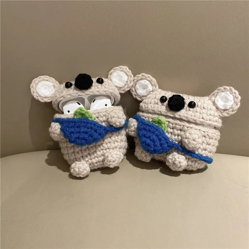 Handmade knitted koala bear backpack design protective sleeve case for Apple AirPods.