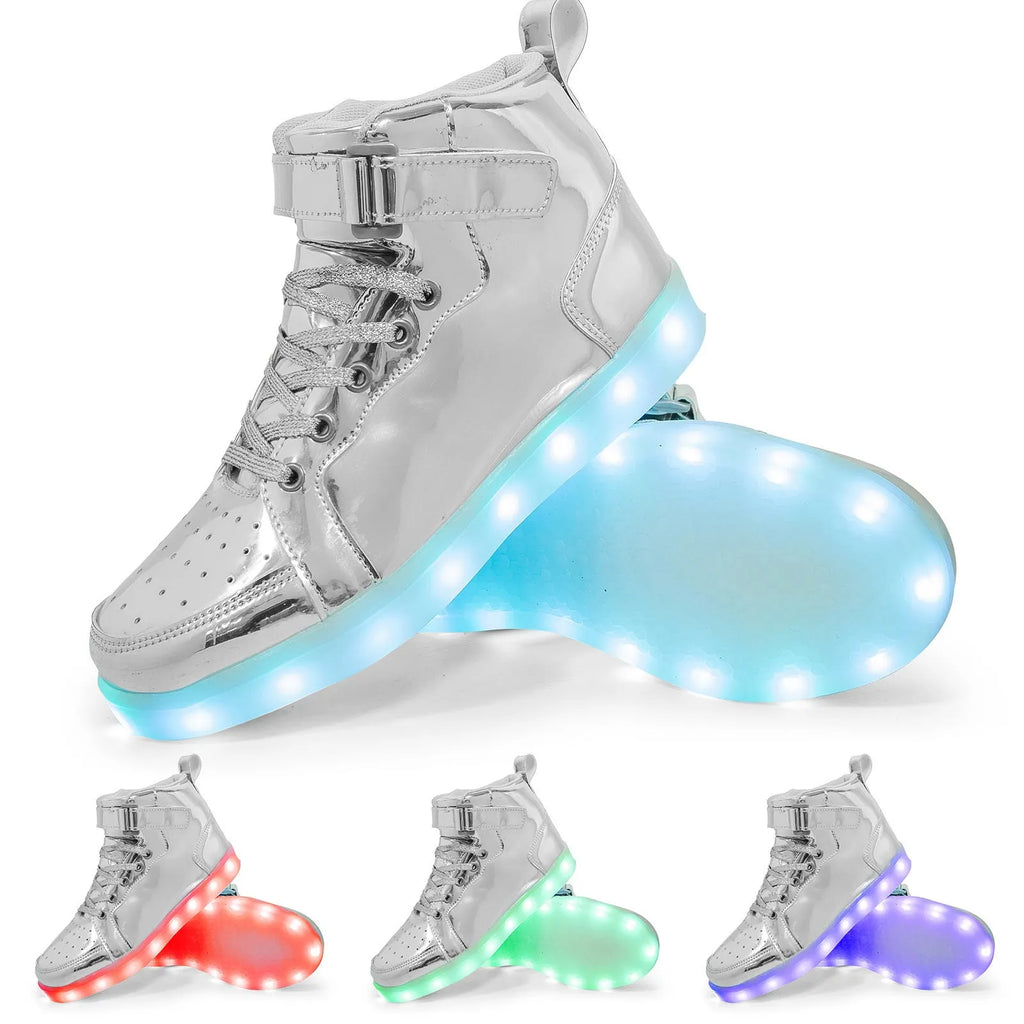 LED light-up high-top dance shoes in black with velcro straps and glowing soles.