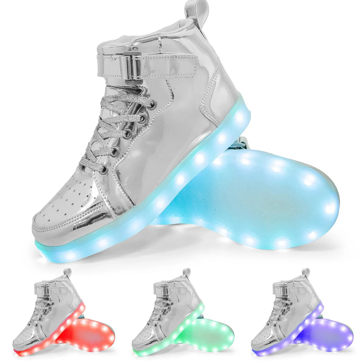 LED light-up high-top dance shoes in black with velcro straps and glowing soles.