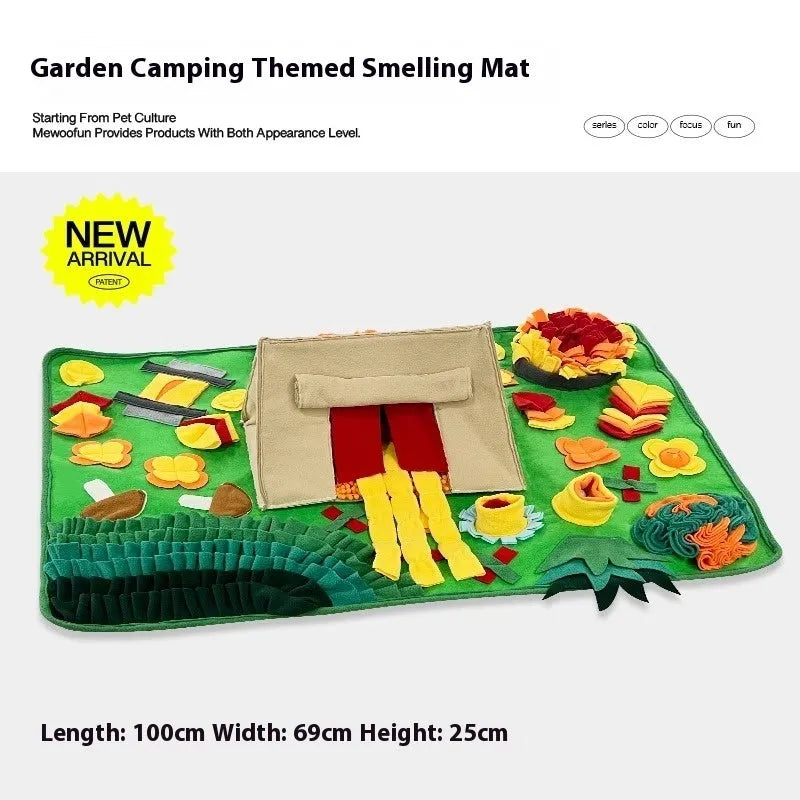 Garden Camping themed fabric dog sniffing mat for hiding treats as a puzzle activity.