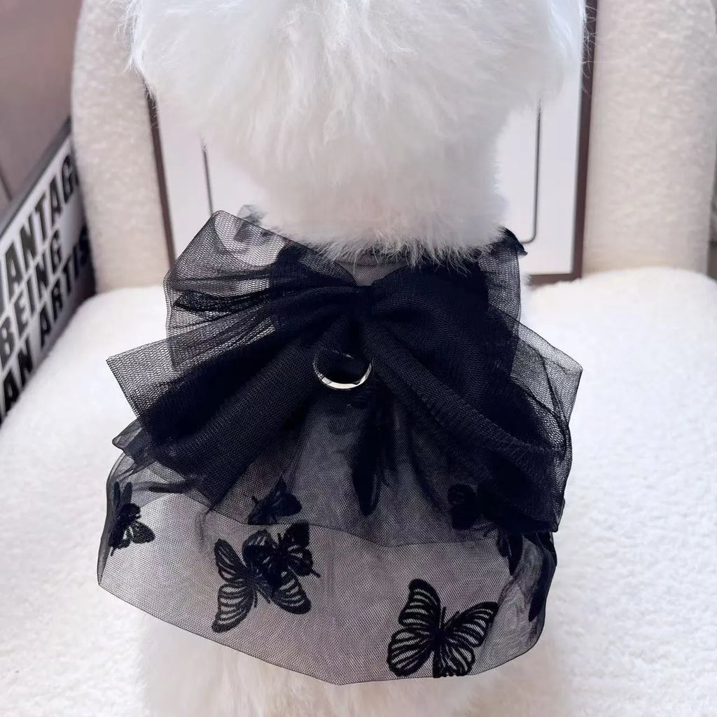 Black gauze princess tulle skirt for a small dog or cat on a mannequin, showing the layered design.