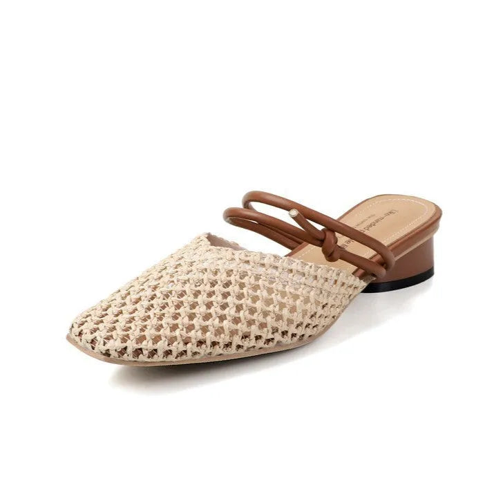 Women's French style square toe slippers with hollow-out design and chunky heel in black colour