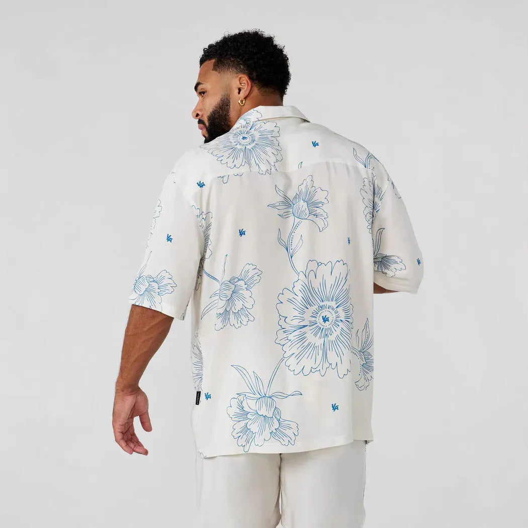 Men's loose fit printed short sleeve top in cardigan style with floral pattern