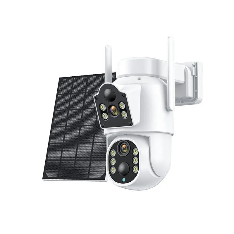 Outdoor solar-powered wireless wifi security camera with solar panel in black or white finish