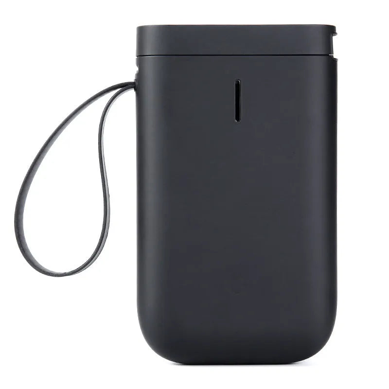 Compact D11 Bluetooth thermal label printer in black, with smartphone showing label design app.