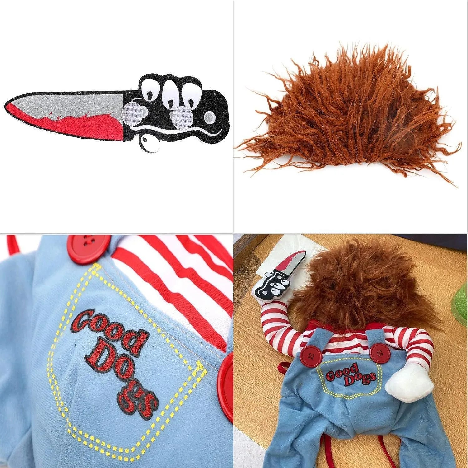 Striped harness pants Halloween costume for pets with knife accessory, 3-piece set in sizes S to XL