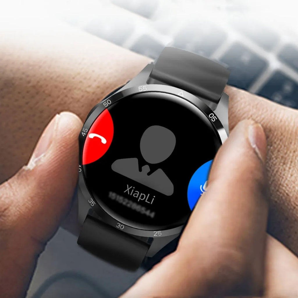 Black Bluetooth smartwatch with TFT touchscreen displaying health metrics and call functions